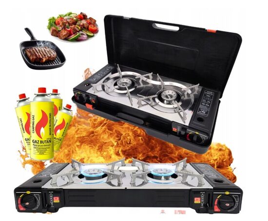 Galinga dviguba turistinė dujinė viryklė su 4 vnt. dujų balionėliai 2 in 1